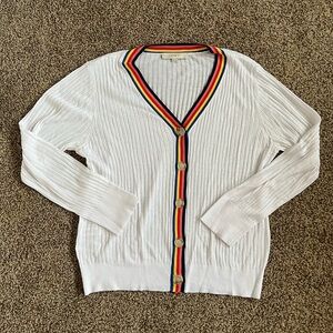 LOFT White Cardigan with Multicolor Trim